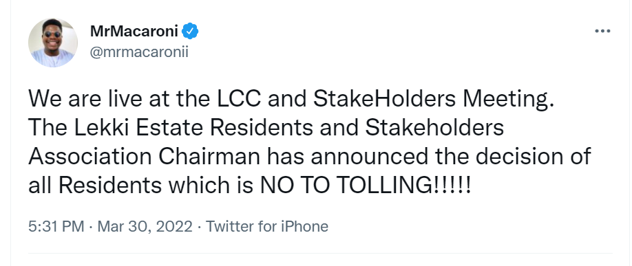 We all said No to tolling - Mr Macaroni gives update from LCC and StakeHolders Meeting