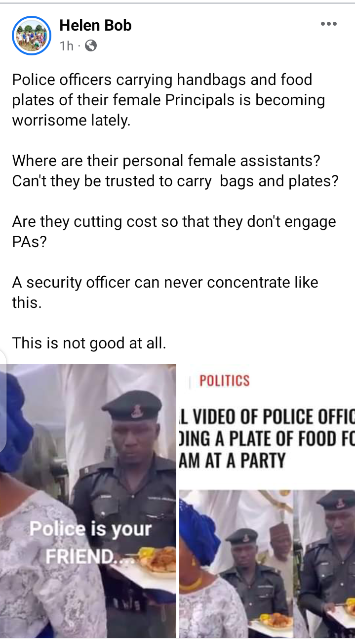 A politician Hon Mrs Helen Bob reacts on viral video of a police officer carrying a plate of food for his madam