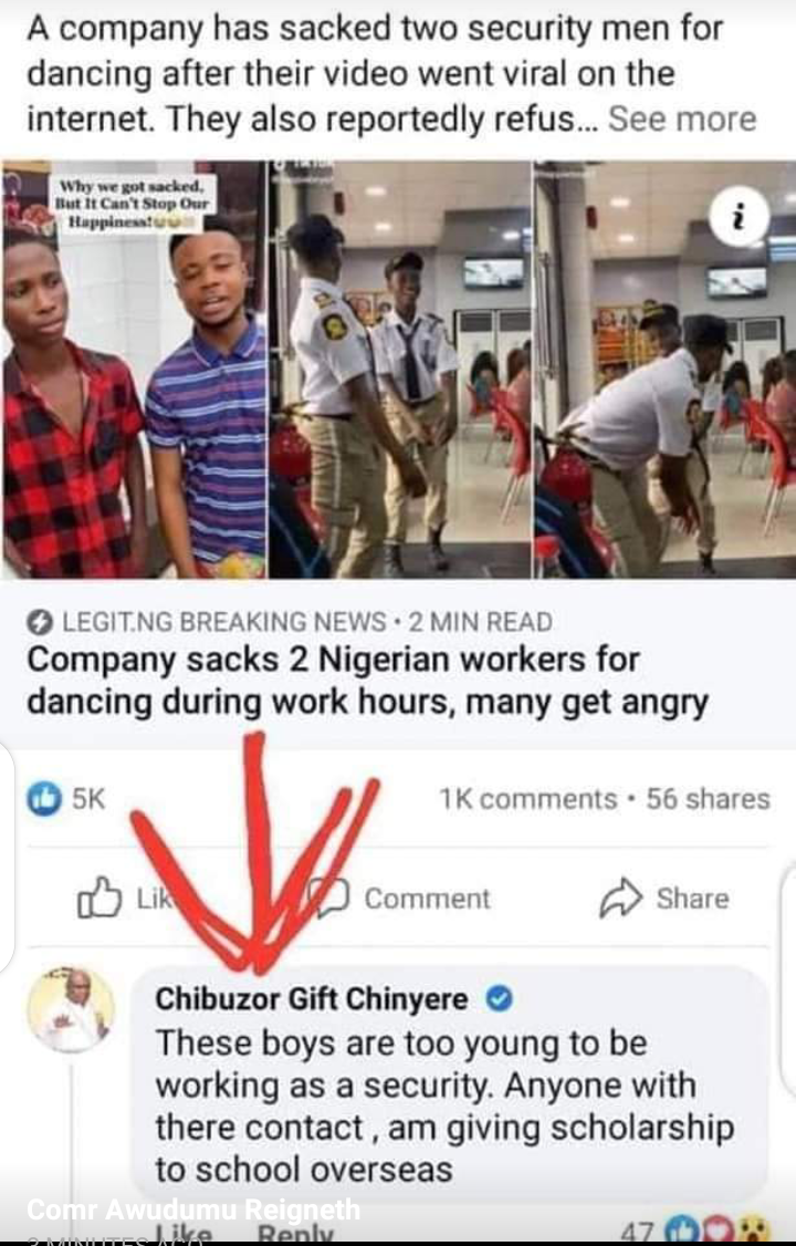 OPM FOUNDER GIVES SCHOLARSHIP TO TWO SECURITY BOYS WHO WERE RECENTLY SACKED BY CHICKEN REPUBLIC.