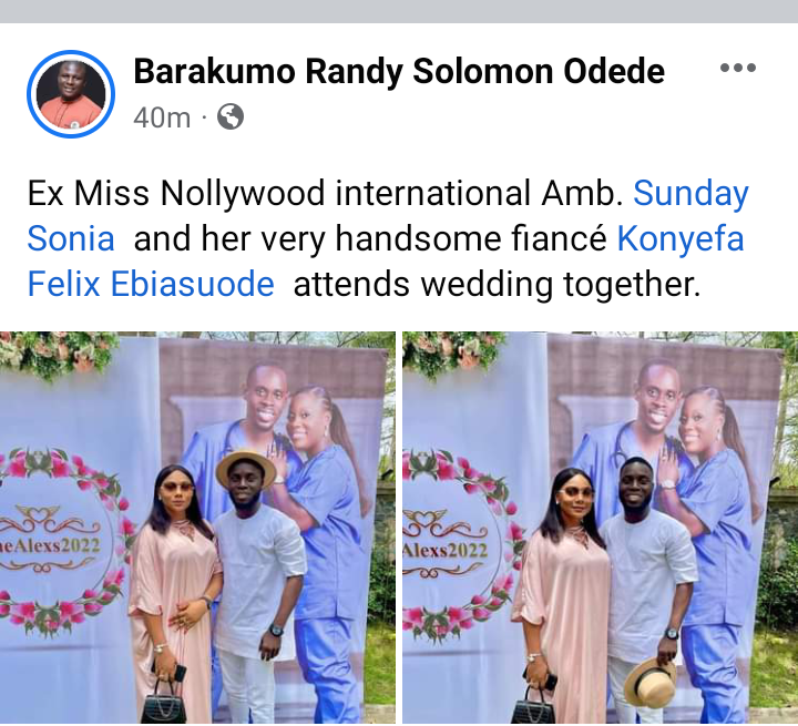 Ex Miss Nollywood international Amb Sonia Sunday and her fiancé photos surface as they attends wedding together