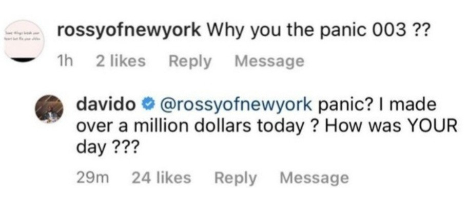 Davido hits back at fan who left an unflattering comment on his post