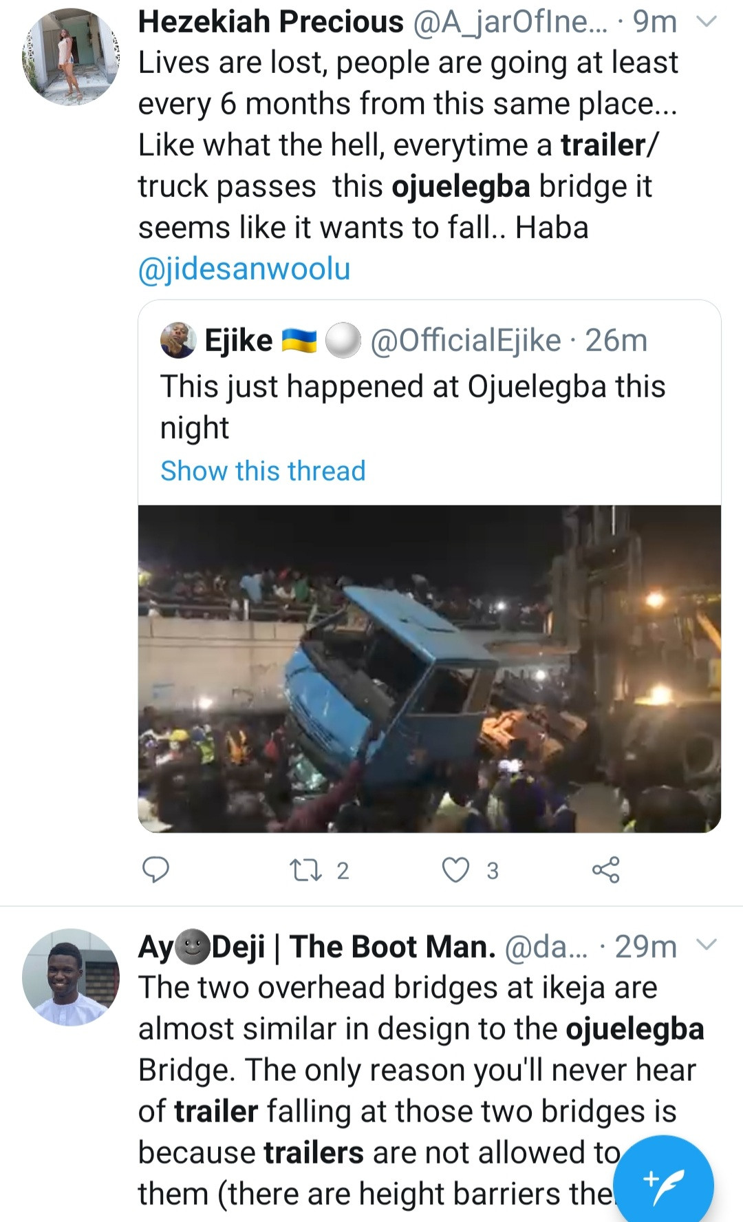 Many feared dead as trailer falls from bridge and lands on a car in Ojuelegba