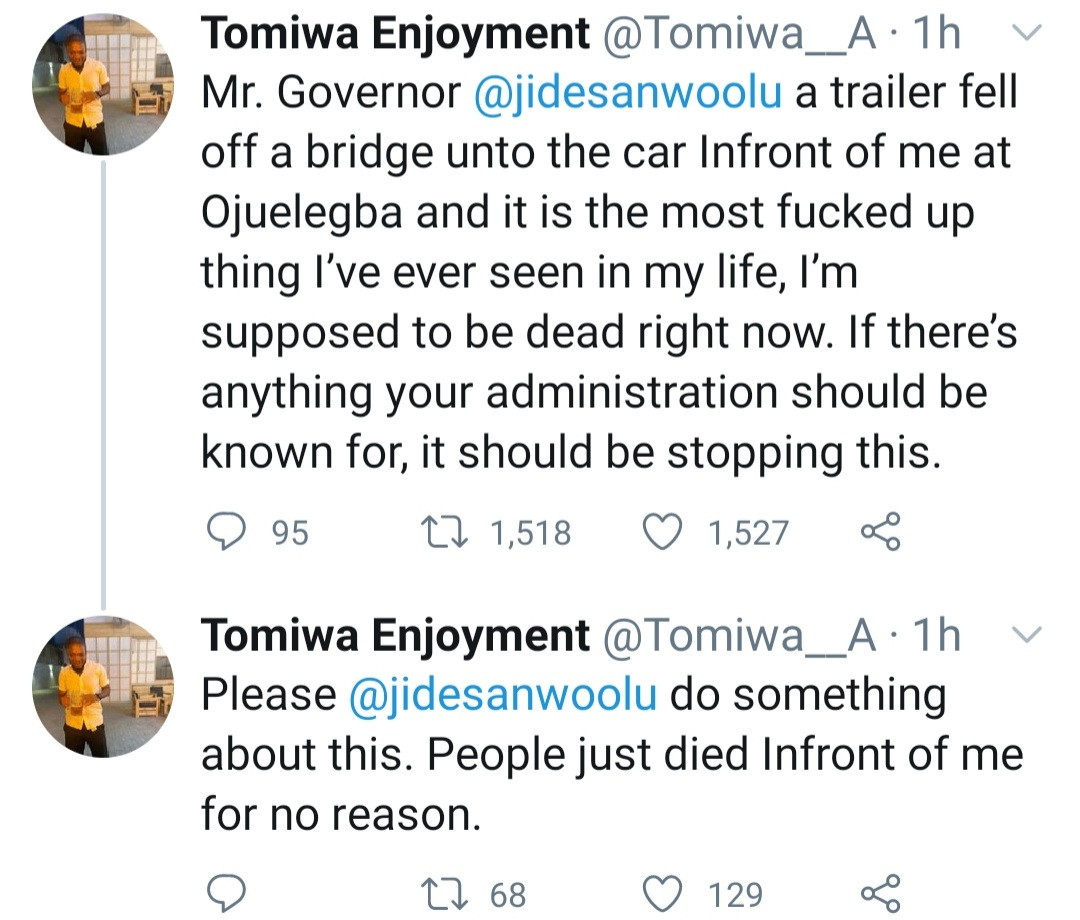 Many feared dead as trailer falls from bridge and lands on a car in Ojuelegba