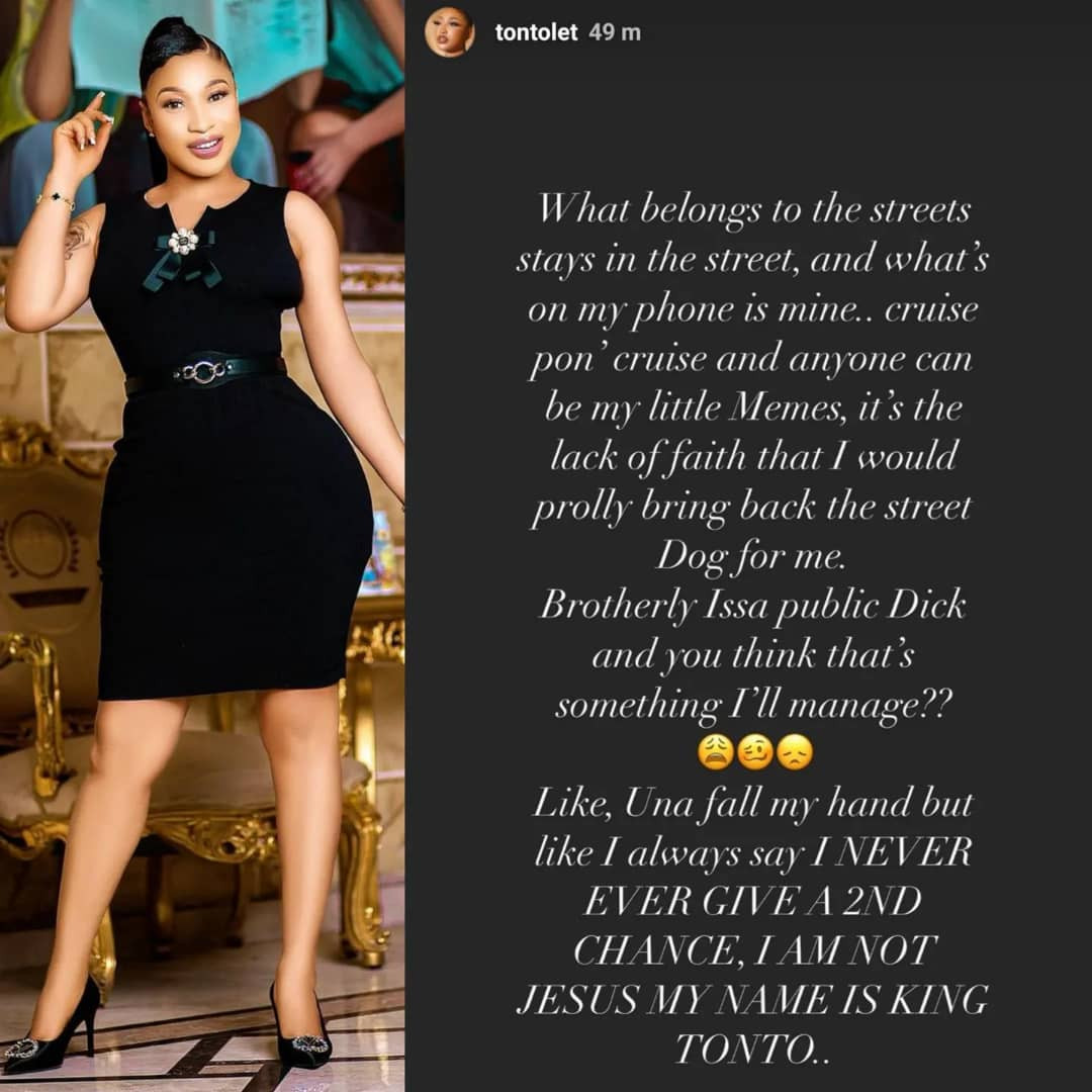 Tonto Dikeh describes her ex, Prince Kpokpogri as a "public dog" as she dismisses claims they are back together