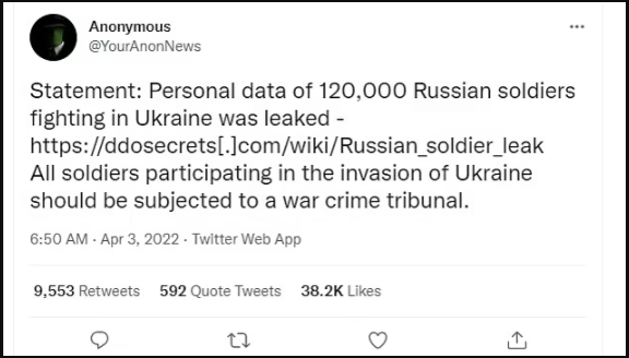 Hackers Anonymous release 'personal data of 120,000 Russian soldiers fighting in Ukraine'
