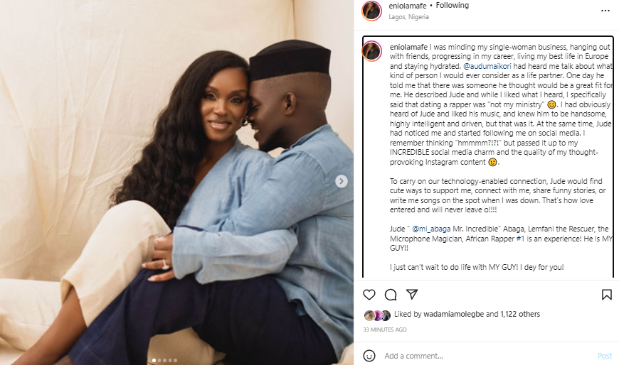 African Rapper #1. I can't wait to do life with you''- MI Abaga's fiancee, Eniola Mafe, writes as she shares their pre-wedding photos