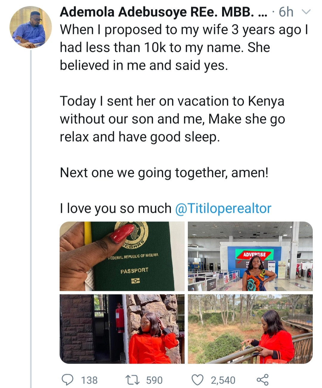 Man rewards his wife with a trip to Kenya for accepting his proposal when he had less than N10K to his name