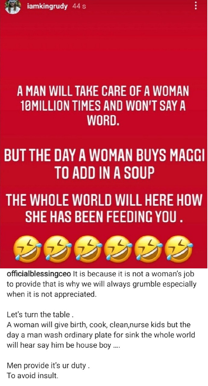 Blessing Okoro replies Paul Okoye after he said a man will take care of a woman and not say a word but women will announce to the world once they feed a man