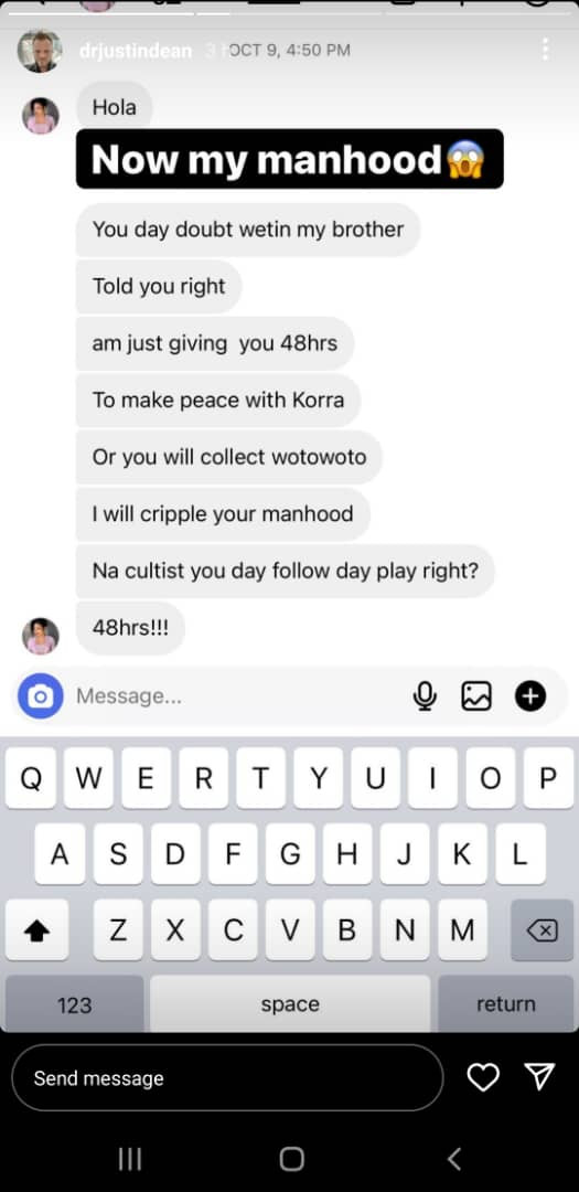 I will make sure i cripple your m*nhood" - Korra Obidi's estranged husband, Justin Dean, shares threat messages he has received from Nigerians