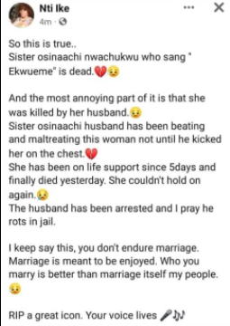 So that unreasonable human being finally put off a shining light - Gospel singer, Frank Edwards speaks on Osinachi Nwacukwu's passing