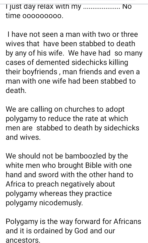 "I have never seen any man with 2 or 3 wives stabbed to death - Nigerian activist, Kola Edokpayi says as he calls on churches to adopt polygamy