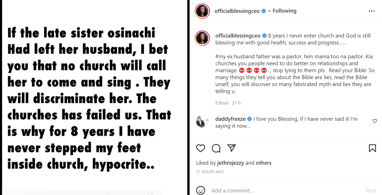 Osinachi's death: I'have not been to church for 8 years and God is still blessing me with good health, success and progress - Relationship expert, Blessing Okoro