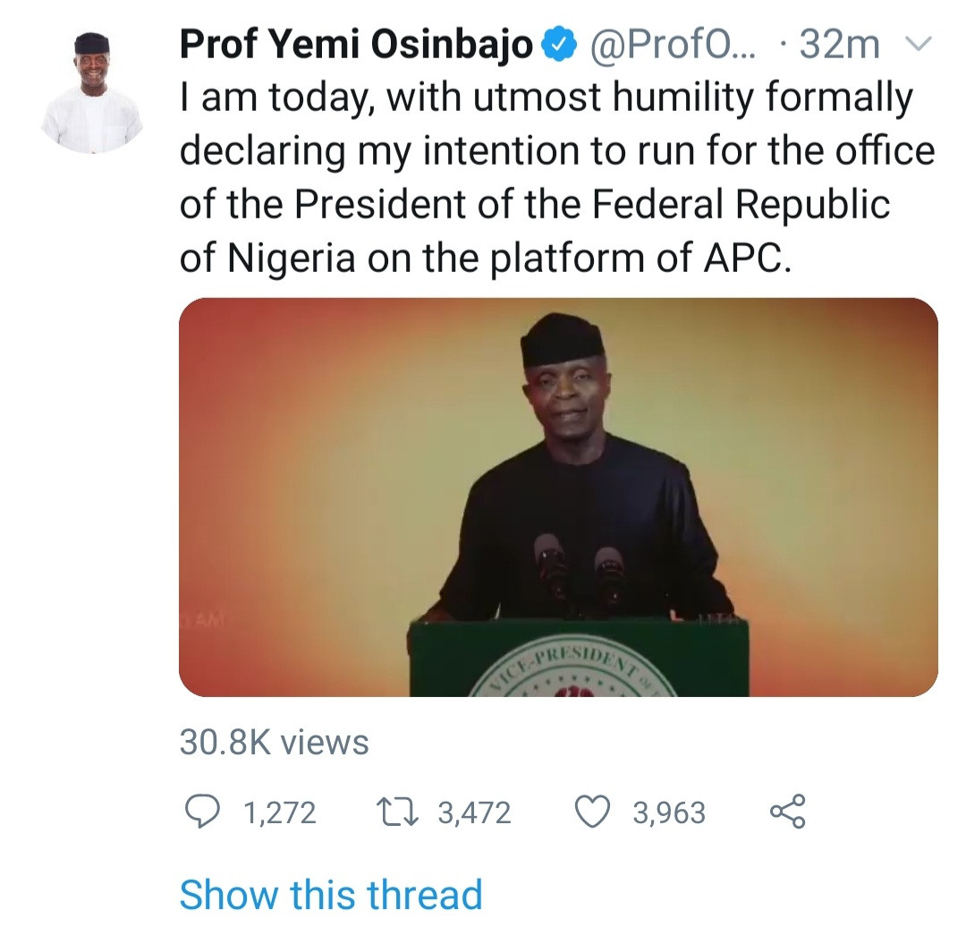 Osinbajo finally declares to run for President in 2023 (video)