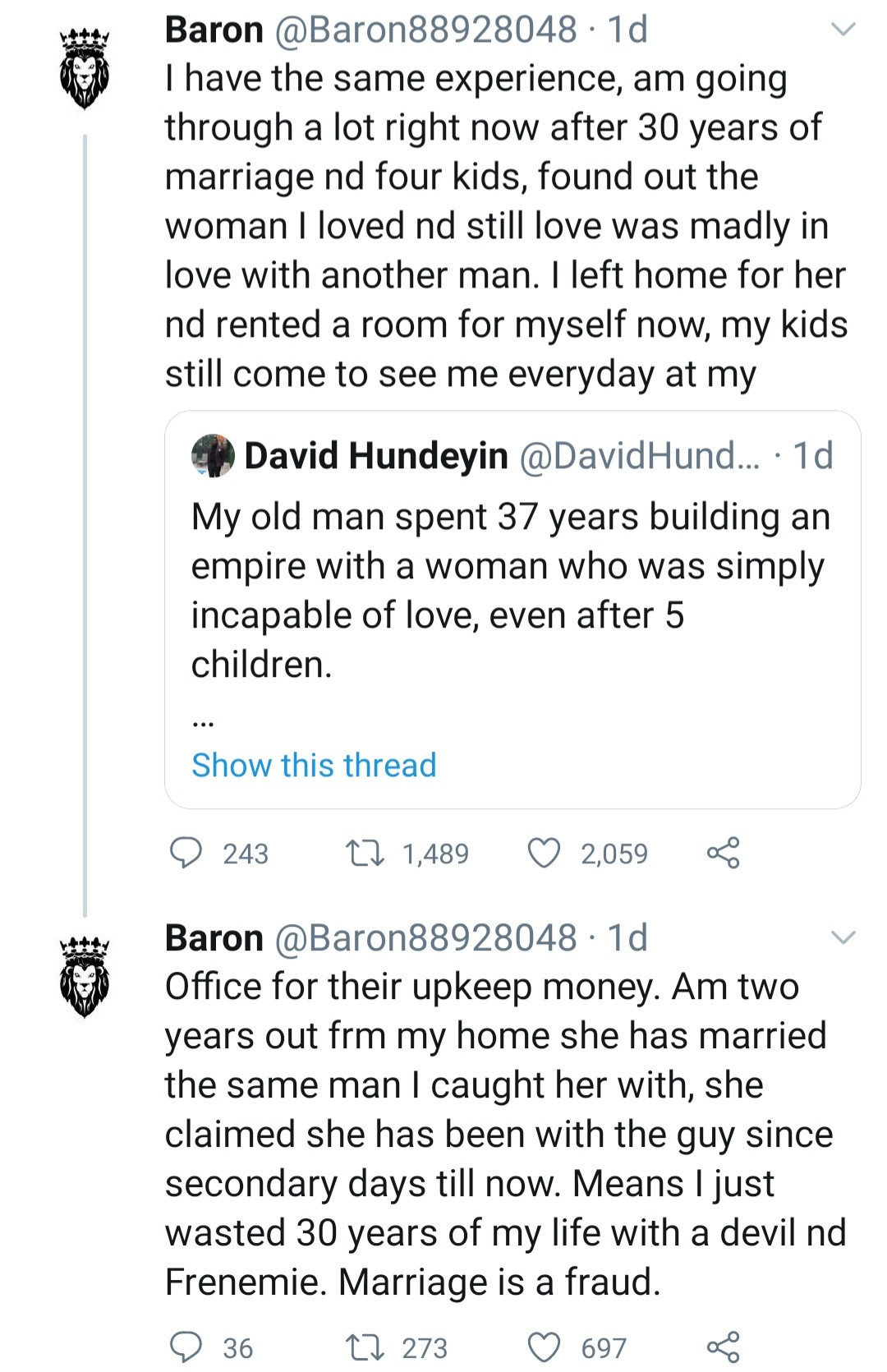 Marriage is a fraud" Man cries out after finding out his wife is in love with another man after 30 years of marriage