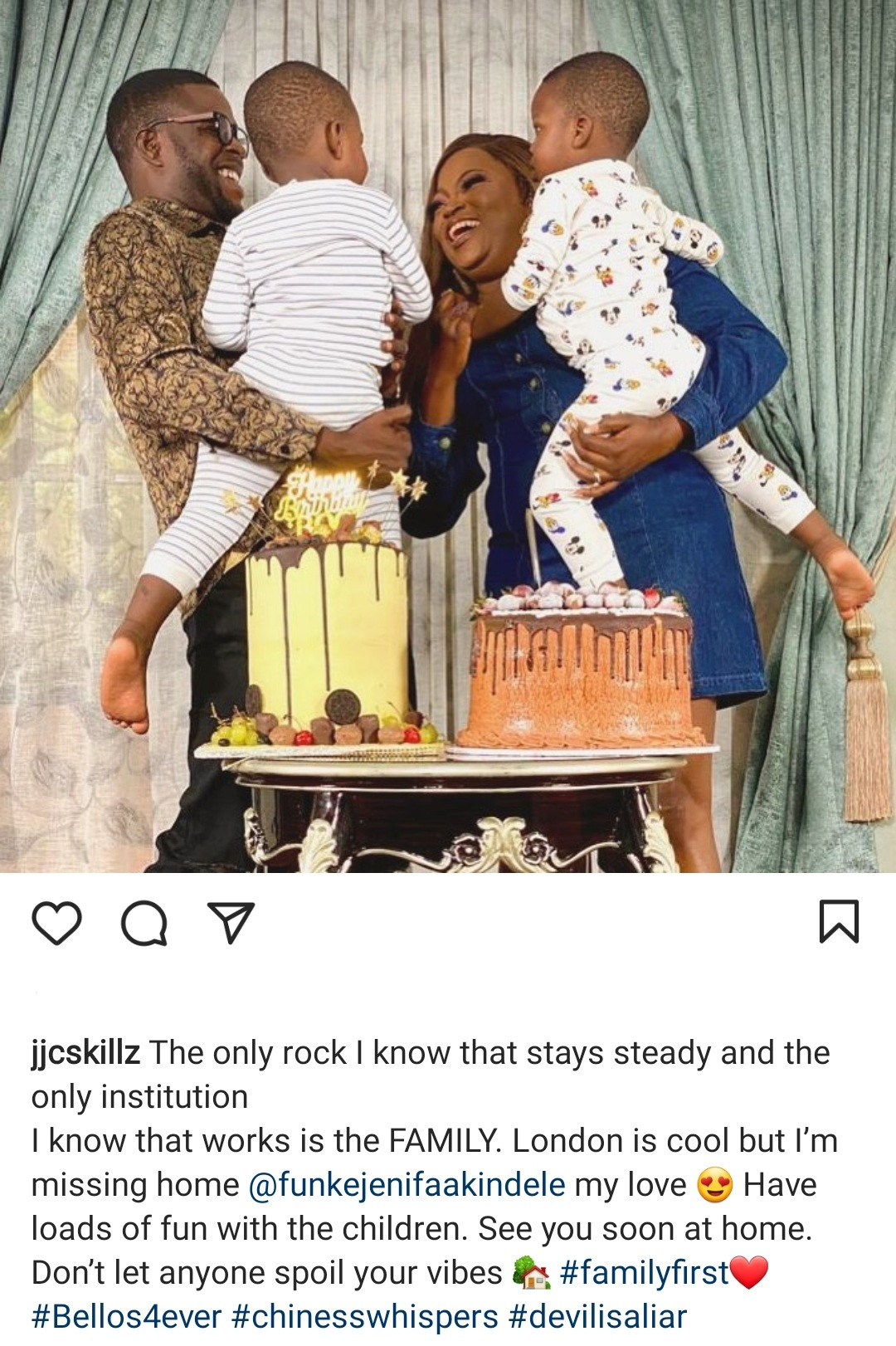 Don't let anyone spoil your vibes" JJC Skillz writes in support of wife Funke Akindele after his son called Funke out online saying she is not the way people see her that she is........