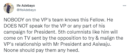2023: Osinbajo's aide distances VP from a political supporter who went on National TV to say ''We cannot afford another sick President who will be traveling to London all the time as we currently have''