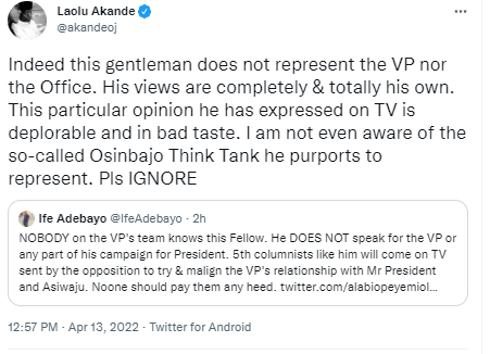 2023: Osinbajo's aide distances VP from a political supporter who went on National TV to say ''We cannot afford another sick President who will be traveling to London all the time as we currently have''