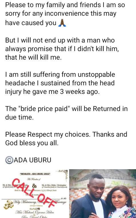 Beating me was not part of the agreement in our marriage" - Nigerian lady calls off her wedding few days to D-Day as fiancé allegedly turned her into punching bag