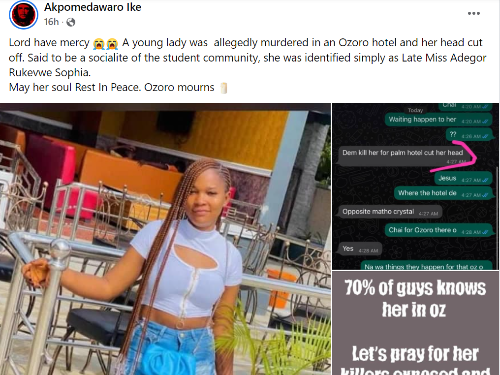 Lady allegedly beheaded in hotel room in Delta state