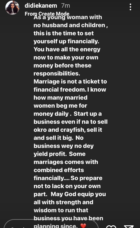 Many married women beg me for money daily - Actress Didi Ekanem says as she advises young ladies to financially empower themselves before marriage