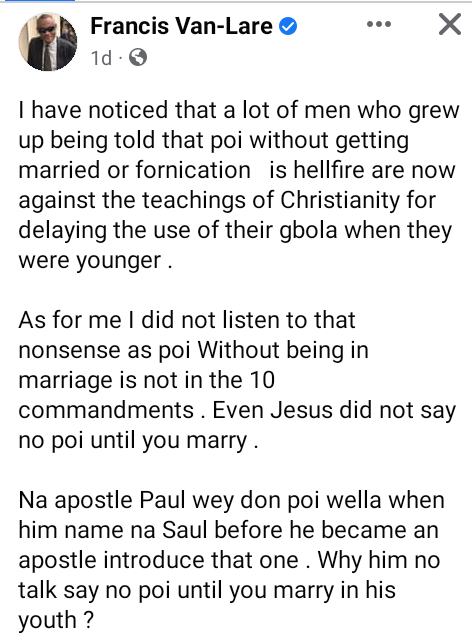 Jesus didn't speak against premarital sex - Relationship expert, Amara Nwosu's ex-husband, Francis Van-Lare says