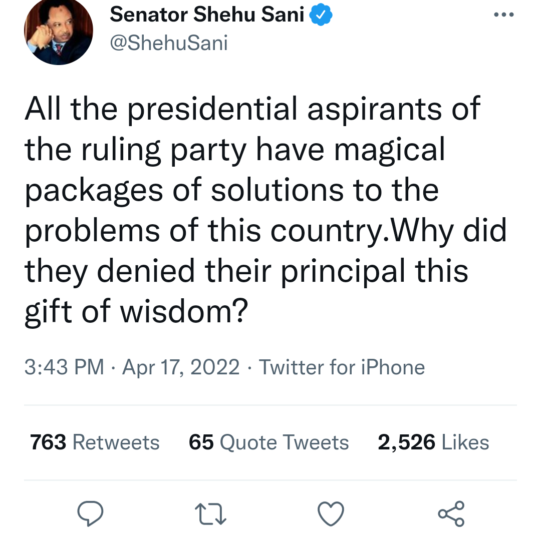 Senator Shehu Sani asks Presidential aspirants of the ruling APC party an interesting question on Twitter