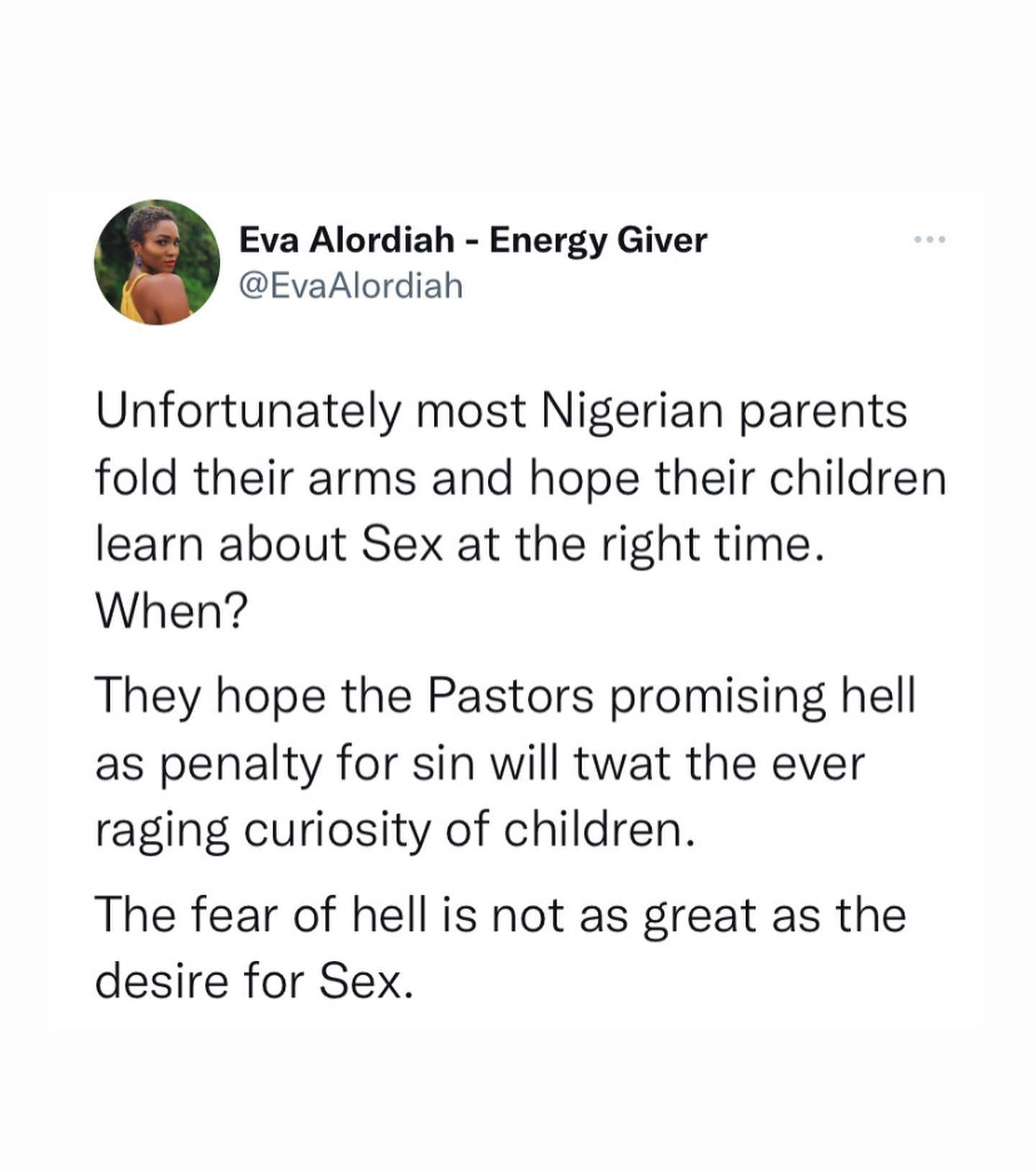The fear of hell is not as great as the desire for sex - Rapper Eva calls on Nigerian parents to start s*x education early with their children