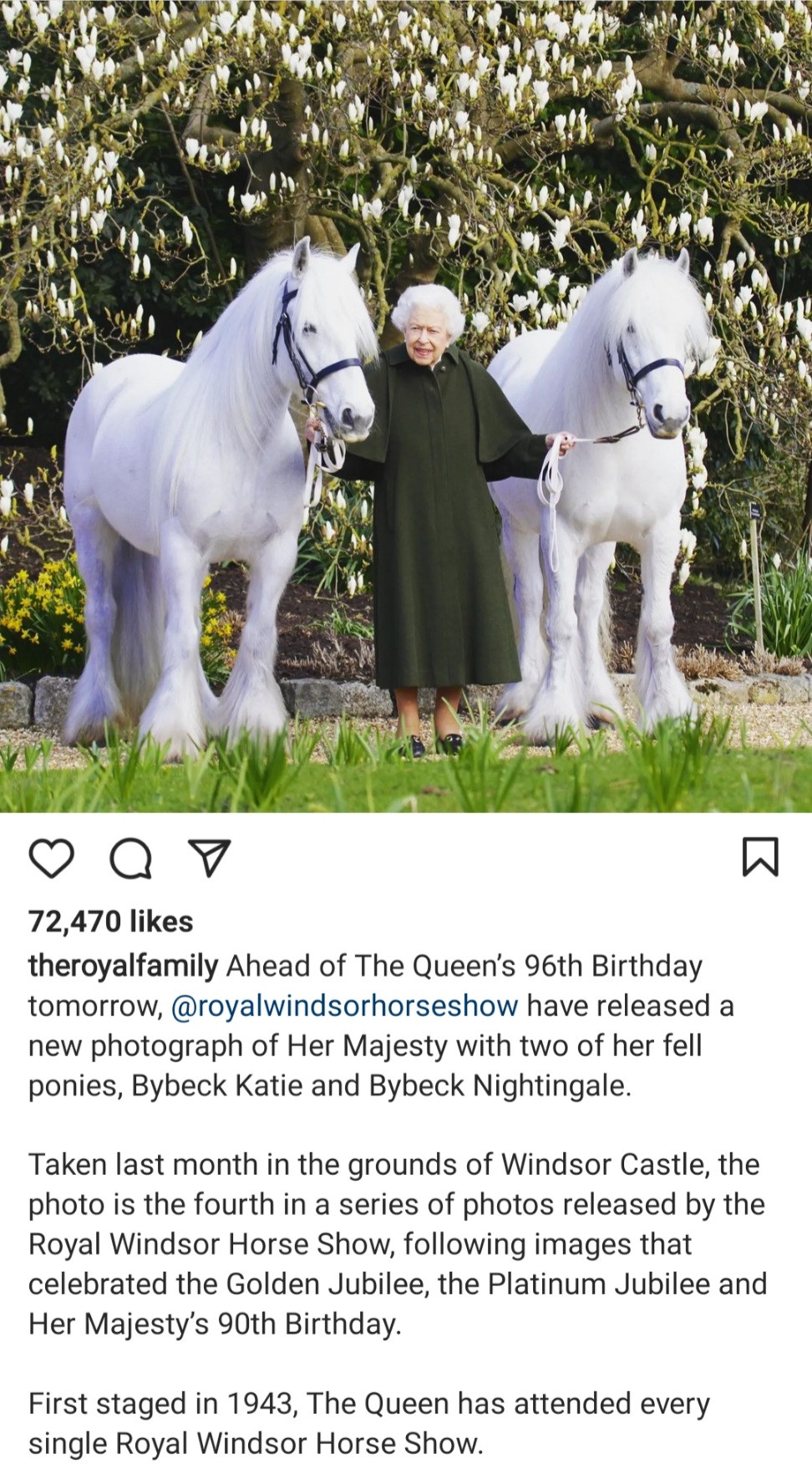 Queen Elizabeth poses with her fell ponies to mark 96th birthday
