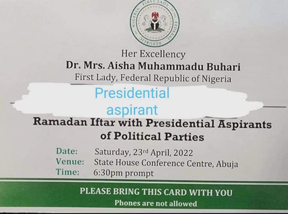 Aisha Buhari invites presidential aspirants of political parties to Ramadan Iftar dinner, bans phones