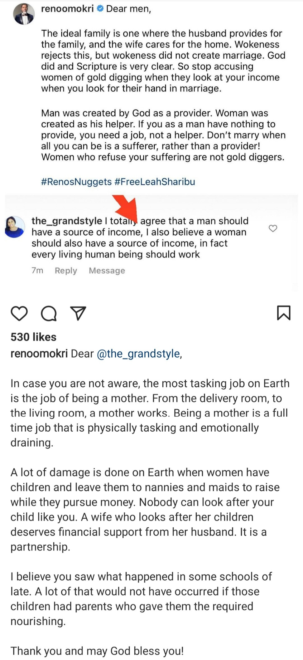 A lot of damage is done when women leave their children to nannies while they pursue money" Reno Omokri insists men should work to provide while women care for the home
