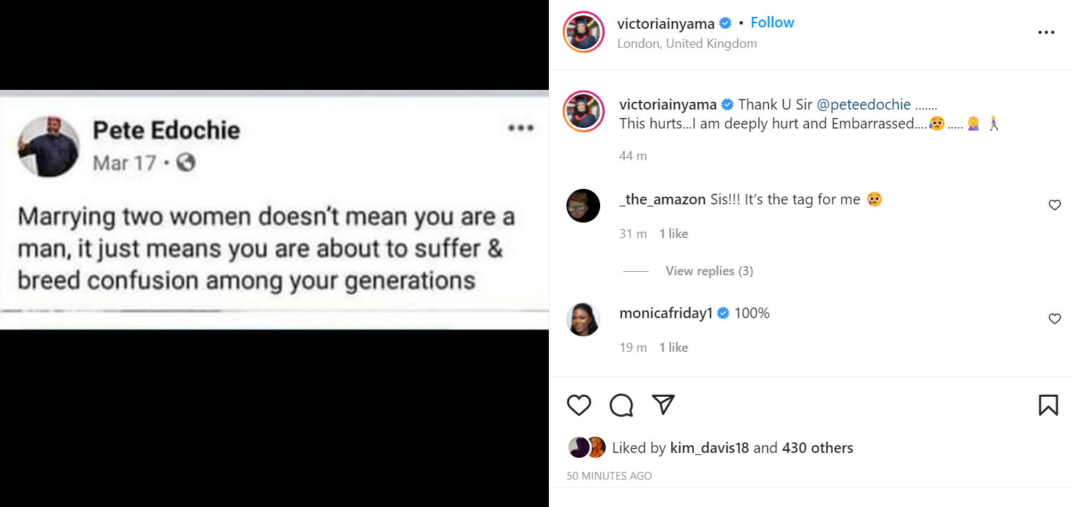 I am deeply hurt and embarrassed - Victoria Inyama addresses Pete Edochie after his son, Yul announced that he has welcomed a child with his second wife