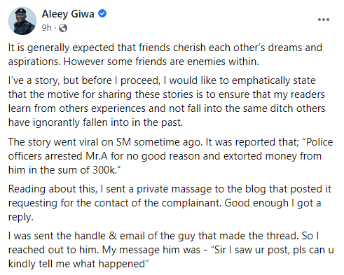 Police officer, Aliyu Giwa, shares shocking story of how a man tried to frame his own friend as a Yahooboy, got the police to arrest the friend and then came online to accuse the police of extortion