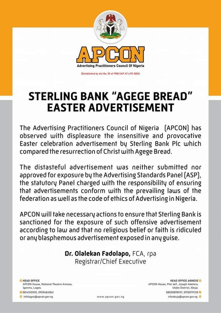 BANKING: APCON to Sanction Sterling Bank for Offensive Easter Message