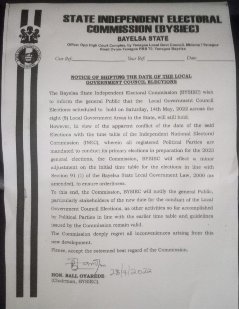 BYSIEC effects change on local govt election timetable, apologizes to Bayelsans