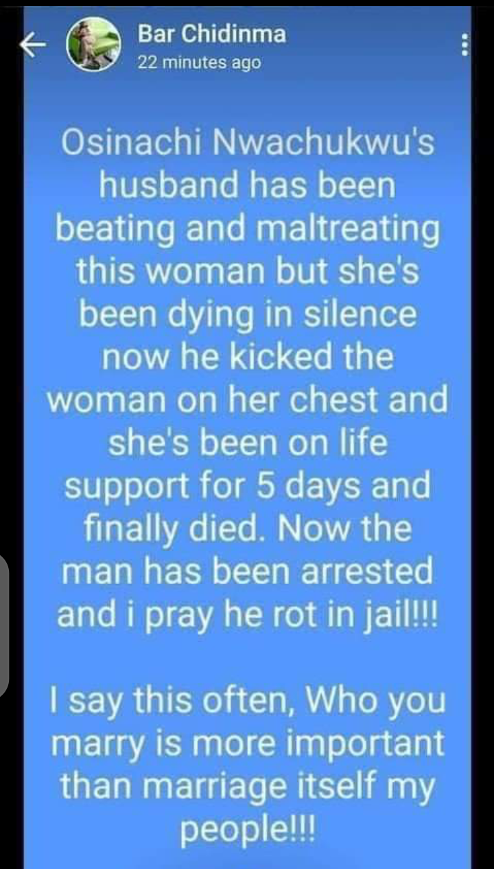 Sad one. Late Osinachi Nwachukwu allegedly Died Of Domestic Violence by her Husband - Nigerian Lady Alleged