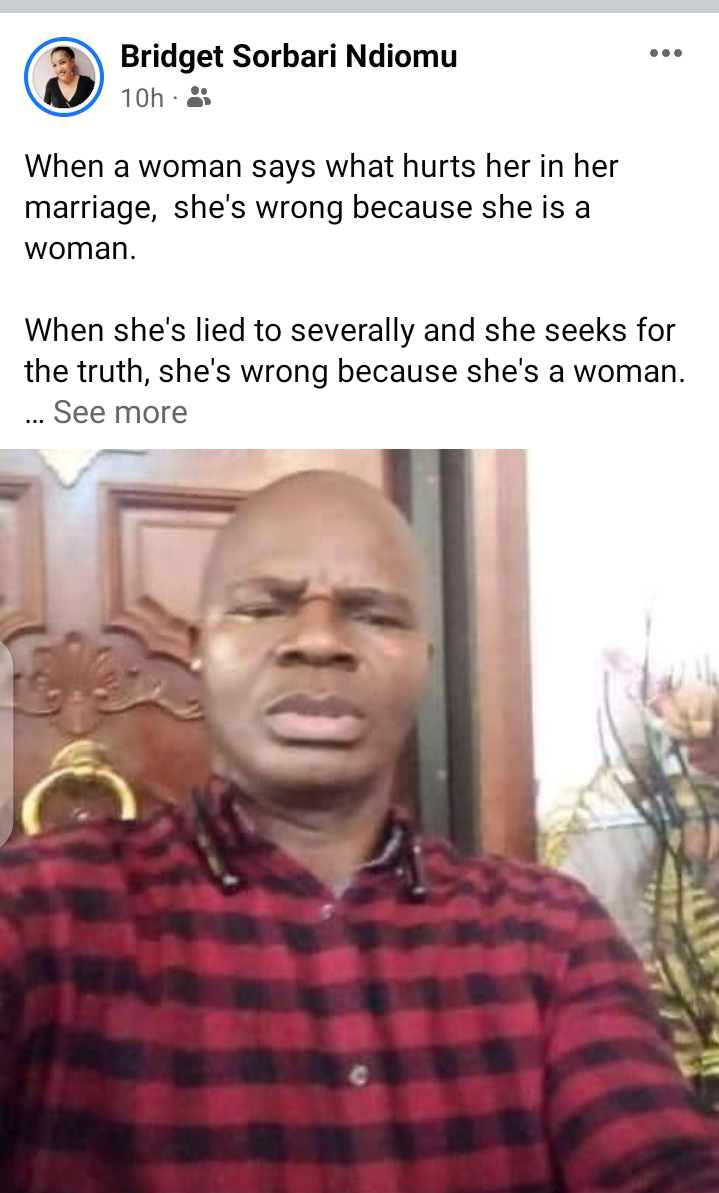 When a woman says what hurts her in her marriage, she's wrong because she is a woman please say no to Domestic Violence (Bridget Sorbari Ndiomu)