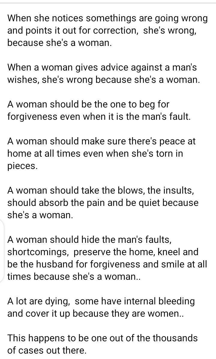 When a woman says what hurts her in her marriage, she's wrong because she is a woman please say no to Domestic Violence (Bridget Sorbari Ndiomu)