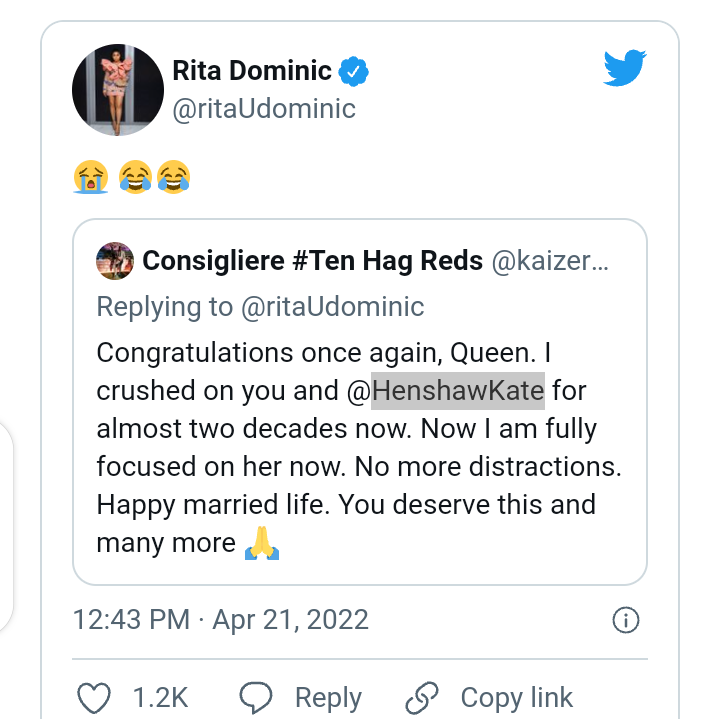 Newly wed Rita Dominic Replies A Fan Who Revealed He Has Been Crushing On Her For 2 Decades waiting to marry her And Now She’s Taken
