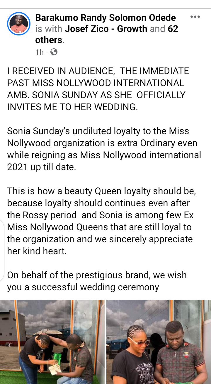 Ex Miss Nollywood international Sonia Sunday invite boss Mr Barakumo Odede for her wedding with wine to show respect