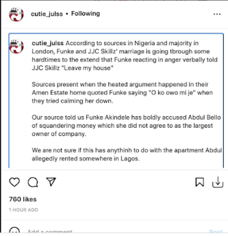 Funke Akindele Asks Hubby, JJC Skillz To Leave Her House As They Allegedly Fight