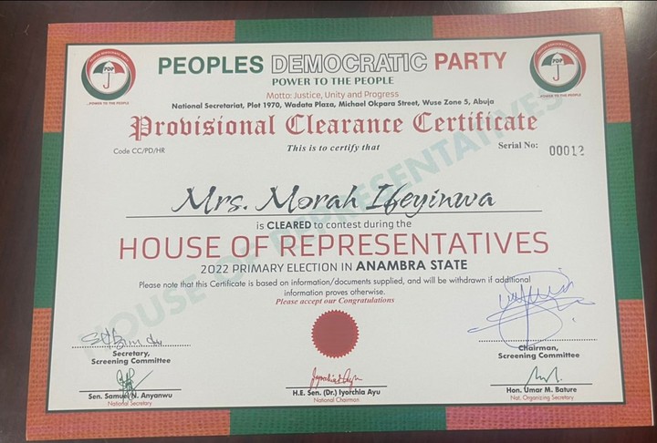 REPS 2023: Barr. Ifeyinwa Morah Poses With Her PDP Clearance Certificate (Photos