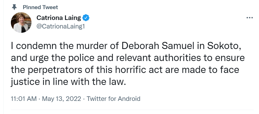 Blasphemy: Those who killed Christian student Deborah Samuel in Sokoto must be made to face justice in line with the law - British High Commissioner