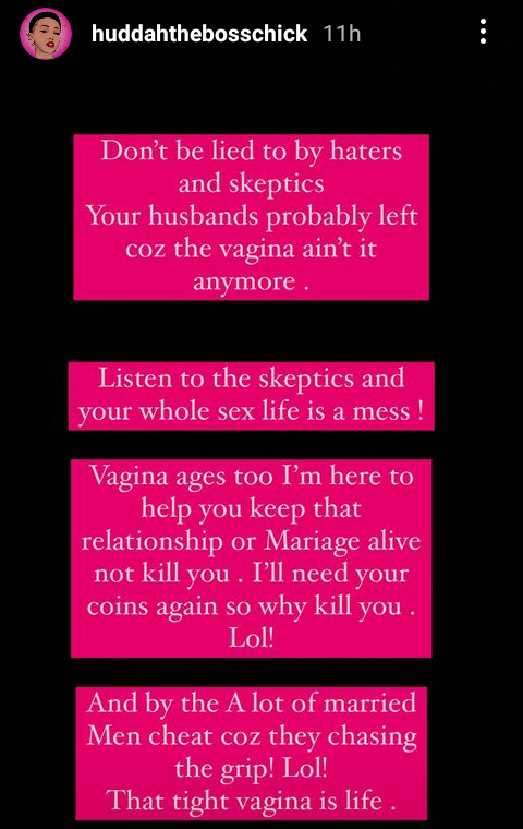 A lot of married men cheat on their wives because they are chasing 'tight vagina' - Huddah Monroe says