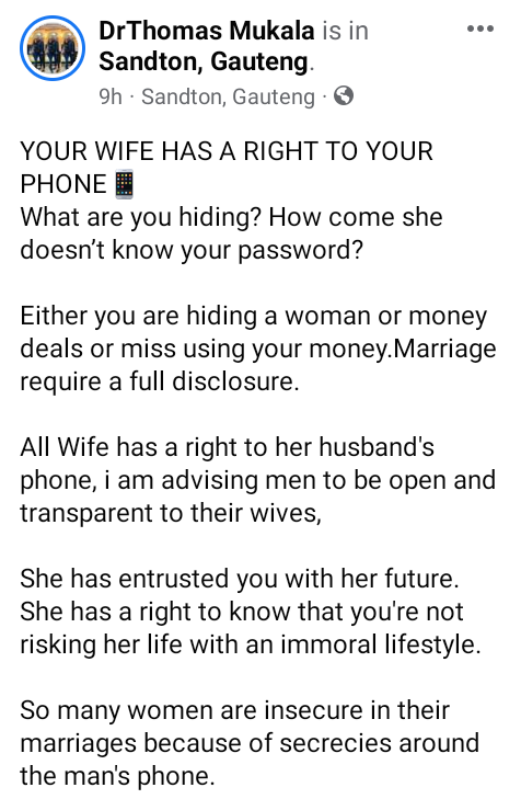 Your wife has a right to your phone and must know every deal you transact - South African pastor says