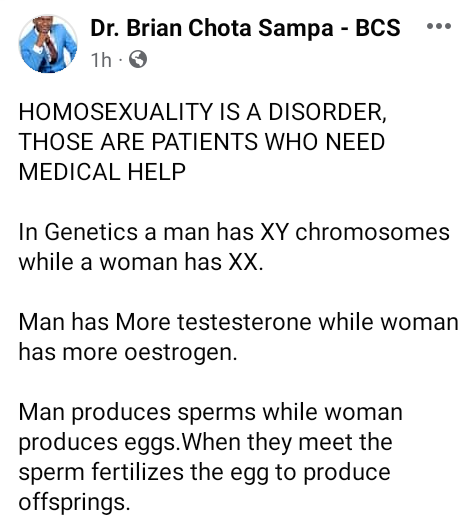 Homosexuality is a disorder - Zambian Doctors Association President, Dr Brian Sampa says
