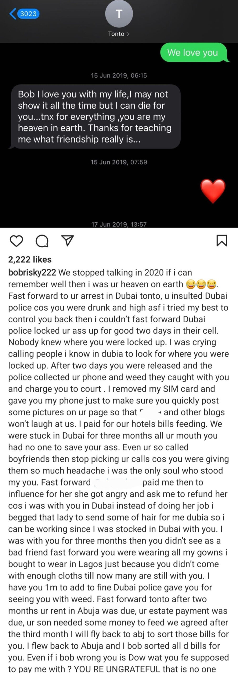 No man wants to be with you because you're bitter" Bobrisky writes as he and Tonto Dikeh resume their beef