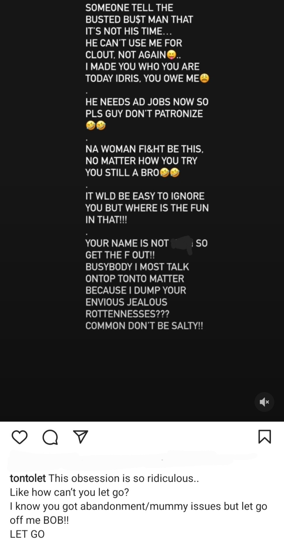 No man wants to be with you because you're bitter" Bobrisky writes as he and Tonto Dikeh resume their beef