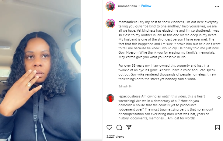 May Karma give you what you deserve in life''- actress MamaAriella weeps as she calls out Rivers state governor, Nyesom Wike, for demolishing her family's 35-year-old house (video)
