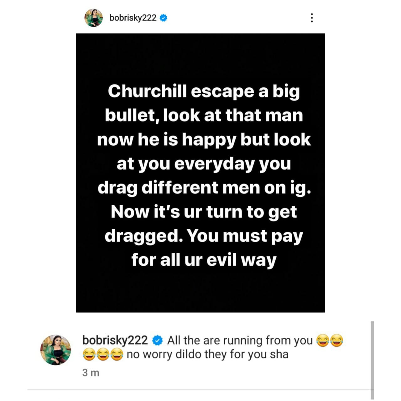 Churchill escaped a big bullet" Bobrisky says as he continues to call out Tonto Dikeh