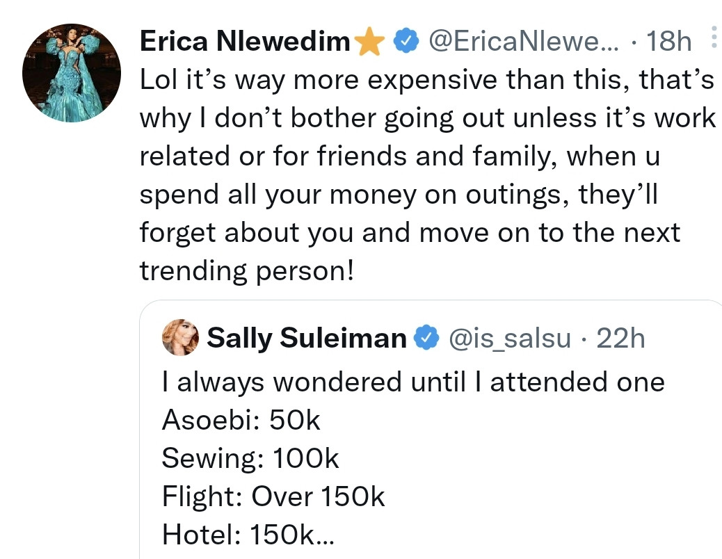 That's why I don't bother going out - BBNaija's Erica reacts after media personality, Sally Suleiman revealed she spent over N500K to attend a wedding in Lagos
